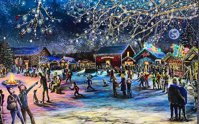 A festive winter scene with people enjoying holiday lights and activities in a market surrounded by snow. A festive winter scene with people enjoying holiday lights and activities in a market surrounded by snow.