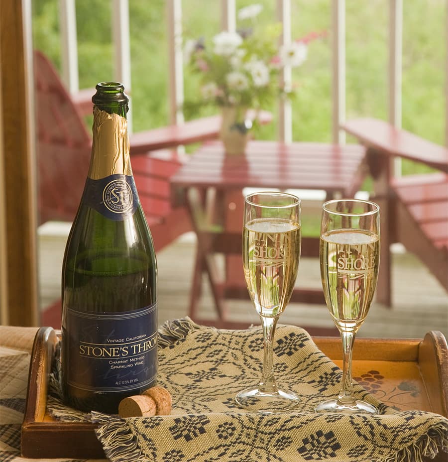 A bottle of sparkling wine and two fluted glasses are set on a tray, with a cozy outdoor scene in the background.