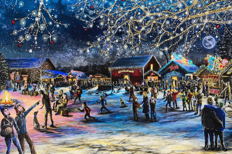 A festive winter night scene with colorful lights, people enjoying a holiday market, and a full moon above.